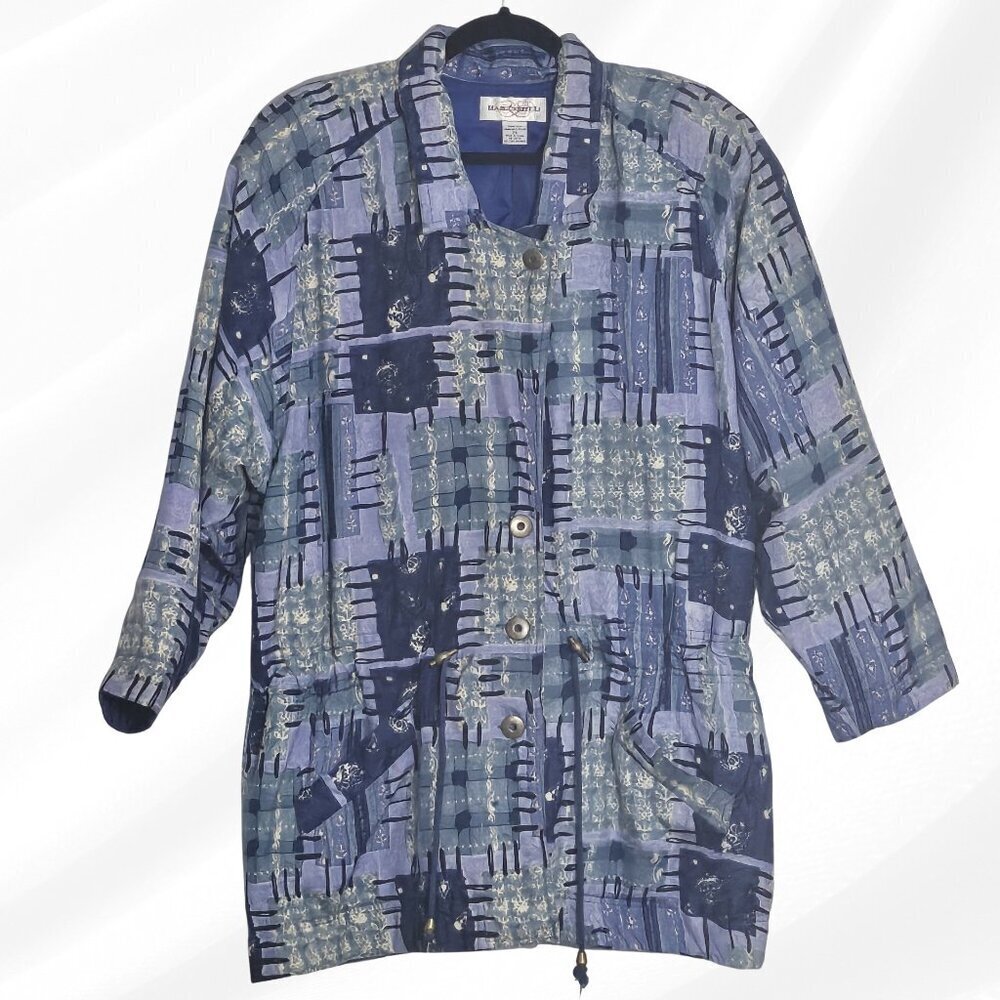 2/$50 Marguerite Li Blue Patchwork Long Jacket Coat 2X Shoulder Pads
